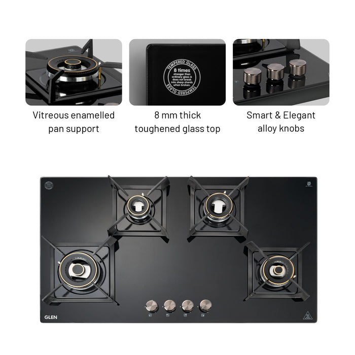 4 Burner DFVS XL Glass Hob with 2 Triple Ring Forged Brass Burners Auto Ignition (BH1094XLDFHT2TR)
