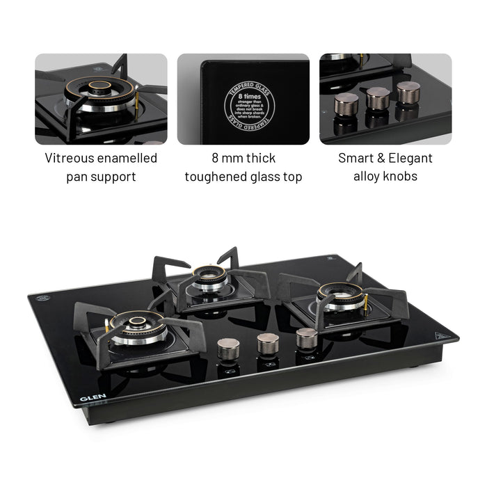 3 Burner DFVS Glass Hob with Mini Triple Ring Forged Brass Burner Auto Ignition (BH1073DFHTMTR70)