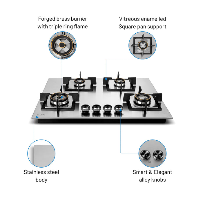 4 Burner Stainless Steel Hob Top Triple Ring, Double Ring Forged Brass Burners Auto Ignition (BH1074SQHTSSDBMT70)