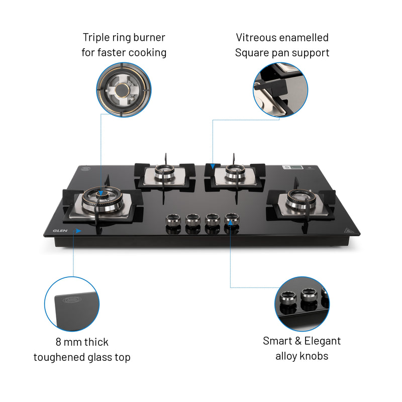 4 Burner Built-in Glass Gas Hob Top Double Ring Forged Brass Burner (1094XLSQHTDBTR)