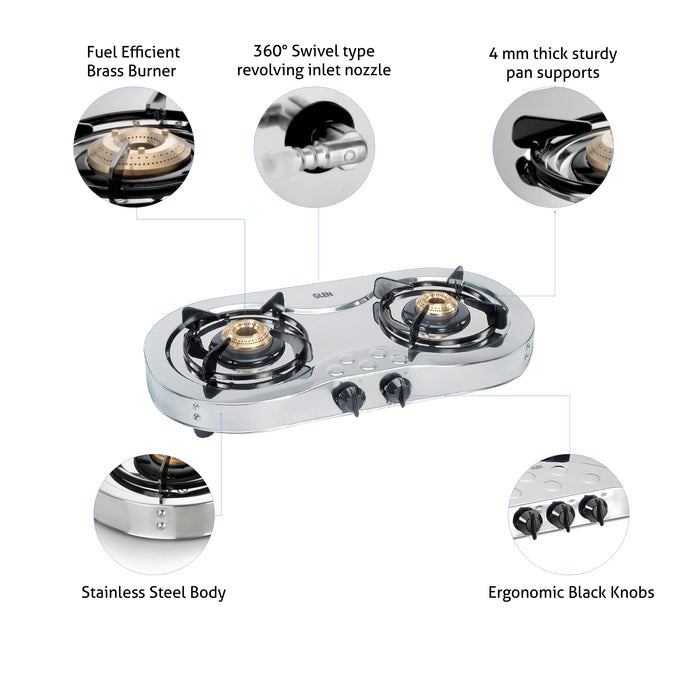 2 Burner Stainless Steel Gas Stove Brass Burner (CT1025SS) + Kitchen Chimney with Push Buttons 60cm 1000 m3h (CH6071EX60BFLTW)