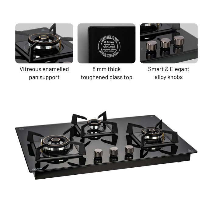 3 Burner DFVS Glass Hob with 2 Triple Ring Forged Brass Burners Auto Ignition (BH1073DFHT2TR77)