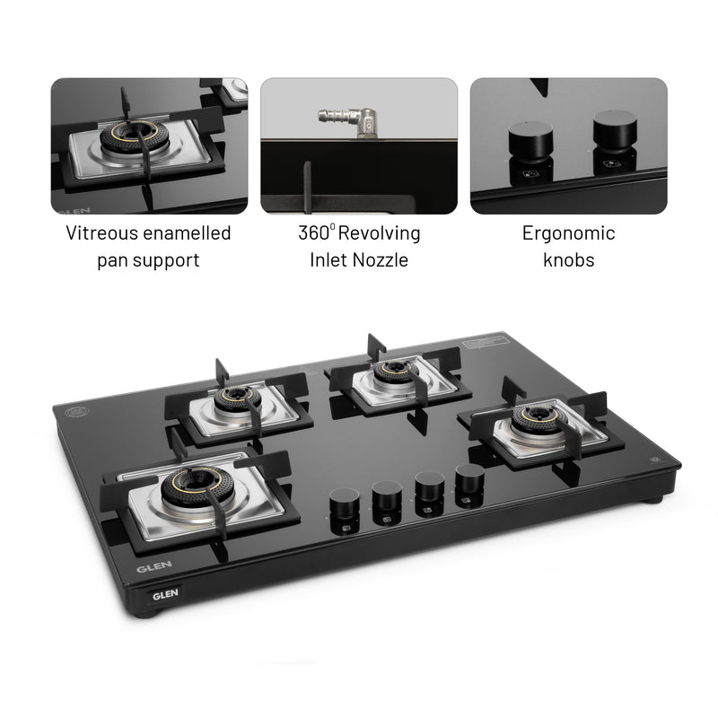 4 Burner Gas Stove Forged Brass Burner (1045 US TN) + Auto Clean Chimney with BLDC Motor Motion Sensor 90cm 1400 m3h (6052 SL BLDC B90)