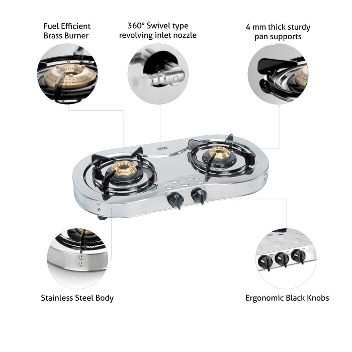 2 Burner Stainless Steel  Gas Stove with Brass Burner (1025 SS)
