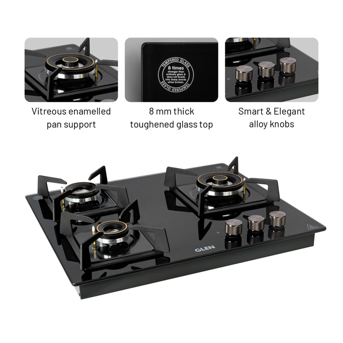 3 Burner DFVS Glass Hob with Triple Ring Forged Brass Burners Auto Ignition (BH1063DFHTTR)
