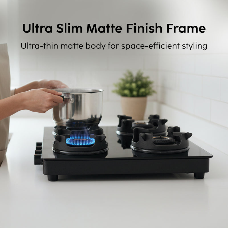 4 Burner Slim Matt Glass Gas Stove with High Flame Brass Burner and Crown Pan Supports - Manual/Auto Ignition (CT1044SLCPBLMG)