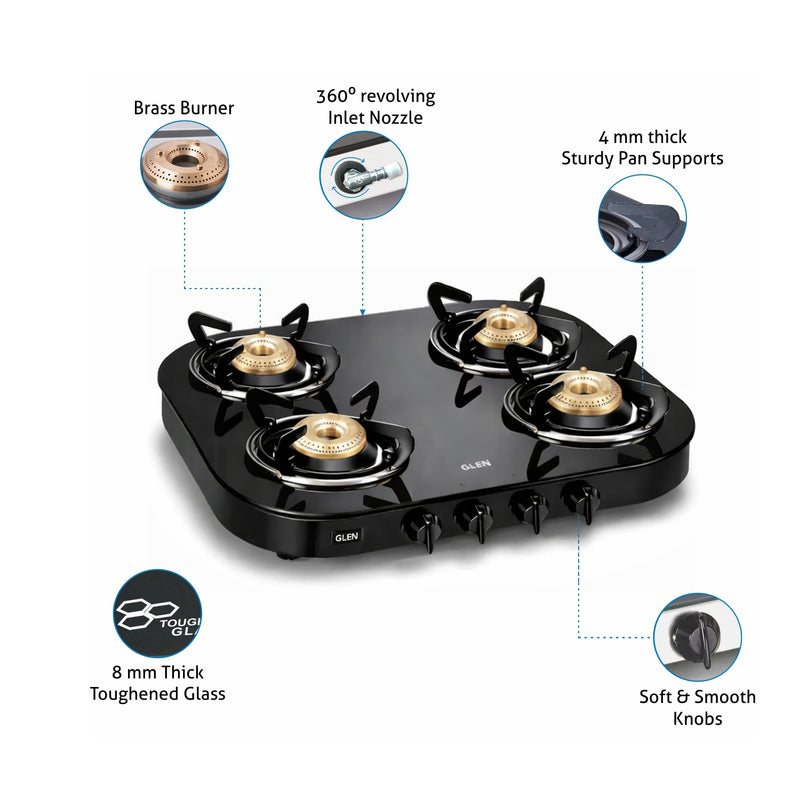 4 Burner Glass Gas Stove 1 High Flame 3  Brass Burner Round Corners (CT1046GT) - Manual/Auto Ignition