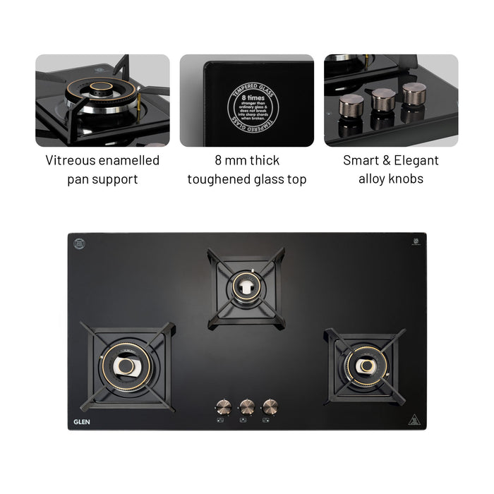3 Burner DFVS XL Glass Hob with 2 Triple Ring Forged Brass Burners Auto Ignition (BH1093XLDFHT2TR)