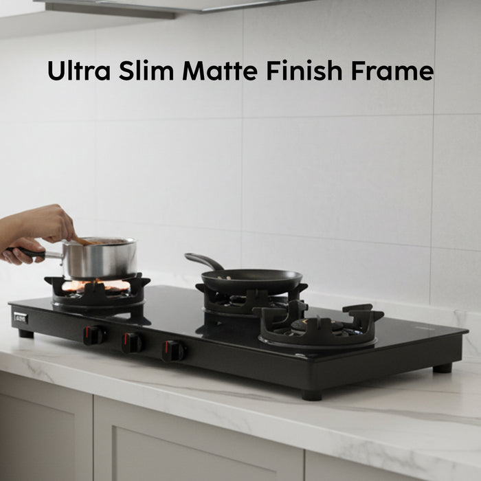 3 Burner Matt Finish Glass Gas Stove with High Flame Brass Burner, Crown Pan Supports - Manual/Auto Ignition (CT1038SLCPBLMG)