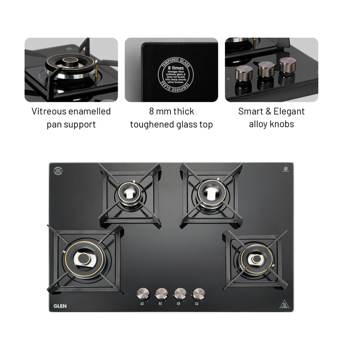 4 Burner DFVS Glass Hob with 2 Triple Ring Forged Brass Burners Auto Ignition (BH1074DFHT2TR77)