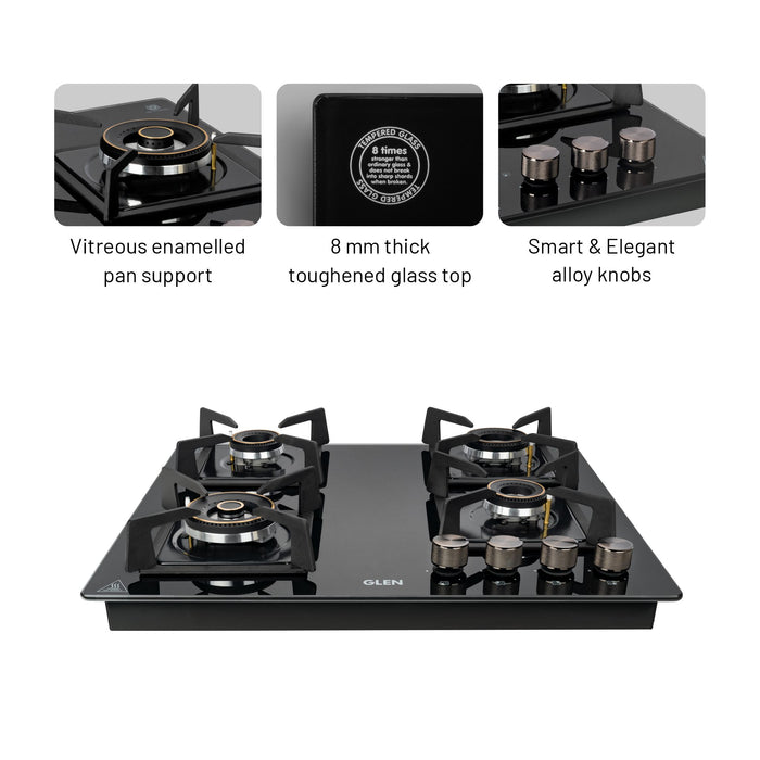 4 Burner DFVS Glass Hob with Triple Ring Forged Brass Burners Auto Ignition (BH1064DFHTTR)