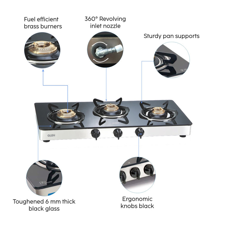 3 Burner LPG Glass Gas Stove with Brass Burner (CT1031GTBB)