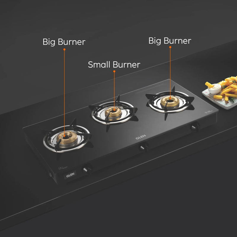 3 Burner Glass Gas Stove with Brass Burner Black (CT1037GTBBBL)