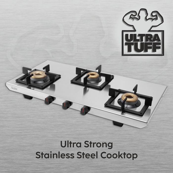 3 Burner Ultra Tuff Stainless Steel Gas Stove with Forged Brass Burner - Manual/Auto Ignition (1053 UT SS)