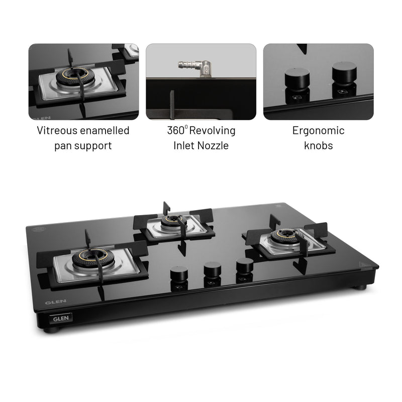 3 Burner Gas Stove Forged Brass Burner (1037 US TN) + Auto Clean Chimney with BLDC Motor Motion Sensor 90cm 1400 m3h (6052 SL BLDC B90)