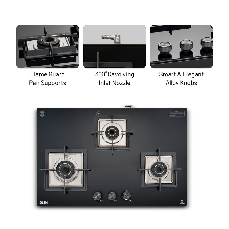 3 Burner Ultra Slim Top Knob Glass Cooktop with High Efficiency Forged Brass Burners - (CT1036USTN)