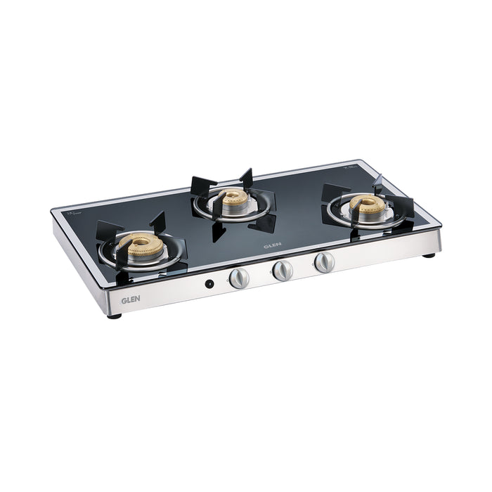 3 Burner Mirror Finish Glass Gas Stove with High Flame Forged Brass Burner (1038GT FBM) - Manual/Auto Ignition