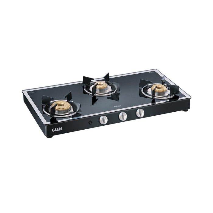 3 Burner Mirror Finish Glass Gas Stove with High Flame Forged Brass Burner Black (1038GT FBM BL) - Manual/Auto Ignition