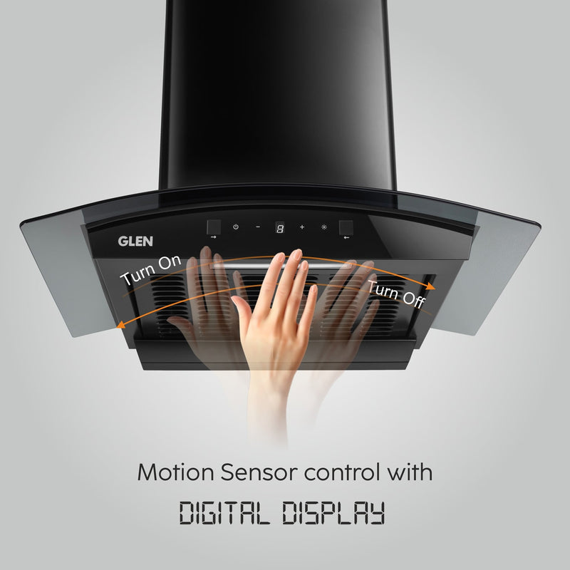 Auto Clean Curved Glass Filter less Kitchen Chimney, Motion Sensor control with Digital Display 60/76/90cm, 1200 m3/h (6058 DI BL AC)