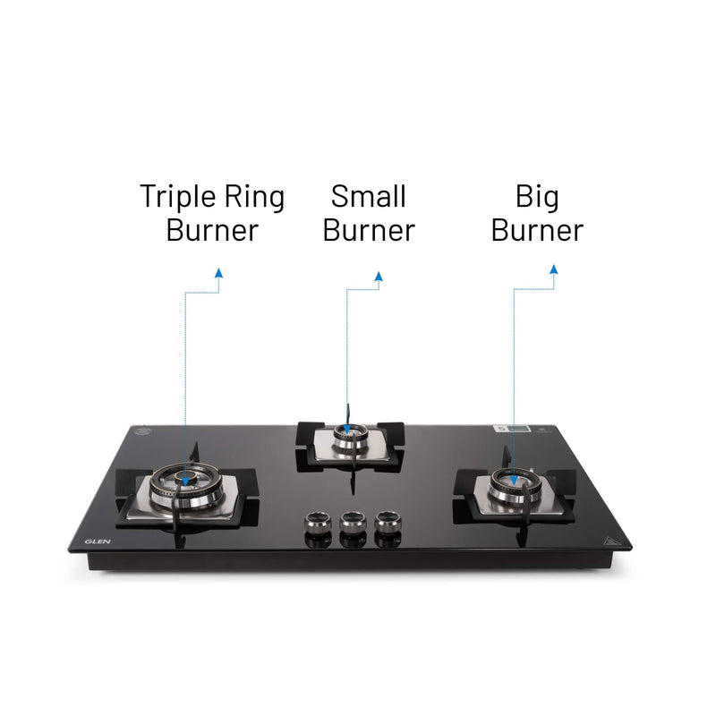 3 Burner Built-in Glass Gas Hob Top Double Ring Forged Brass Burner (1093XLSQHTDBTR)