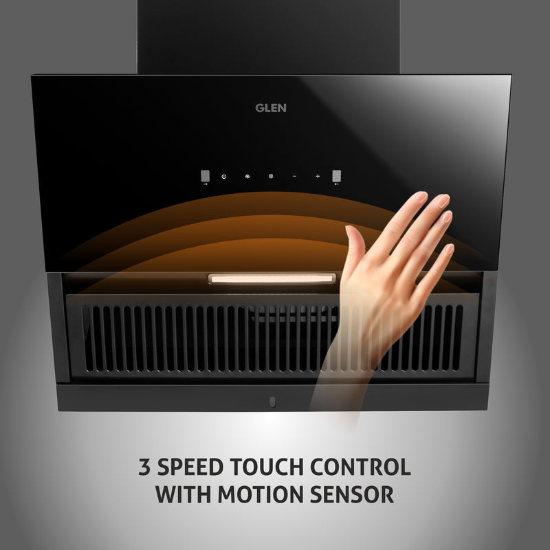 Auto Clean Glass Filterless Chimney with 3 speed touch control with motion sensor 