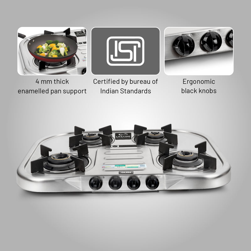 4 Burner Ultra Slim Stainless Steel Gas Stove Extra Wide 1 High Flame 3 Forged Brass Burners - CT1047USDTSS