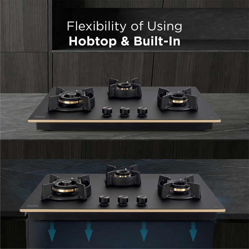 3 Burner DFVS Matte Glass Hob Top Triple Ring Full Brass Burners Auto Ignition (BH-1073RCIHTDFTTRMG)