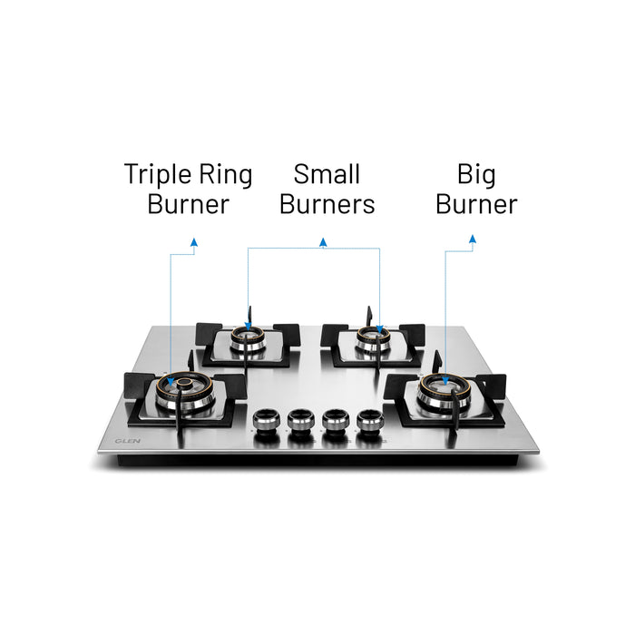 4 Burner Stainless Steel Hob Top Mini Triple Ring, Double Ring Forged Brass Burners Auto Ignition (BH1074SQHTSSDBMT70)