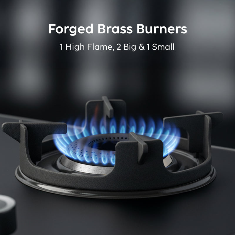 4 Burner Slim Matt Glass Gas Stove with High Flame Brass Burner and Crown Pan Supports - Manual/Auto Ignition (CT1044SLCPBLMG)