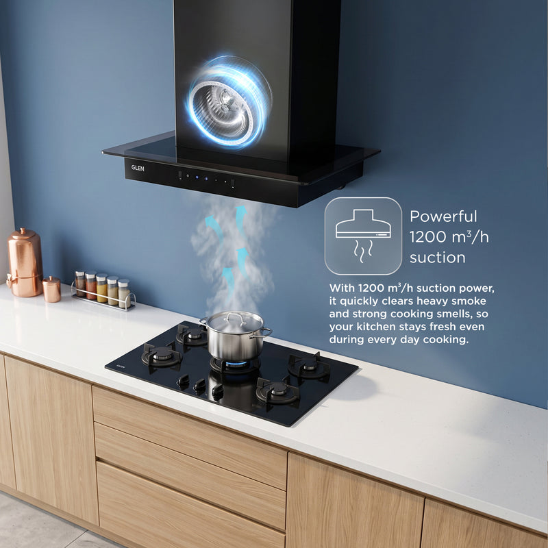 Auto Clean Slim Glass Filter less Kitchen Chimney with Motion Sensor 60/90cm, 1200 m3/h (6062 SLIM BL AC)