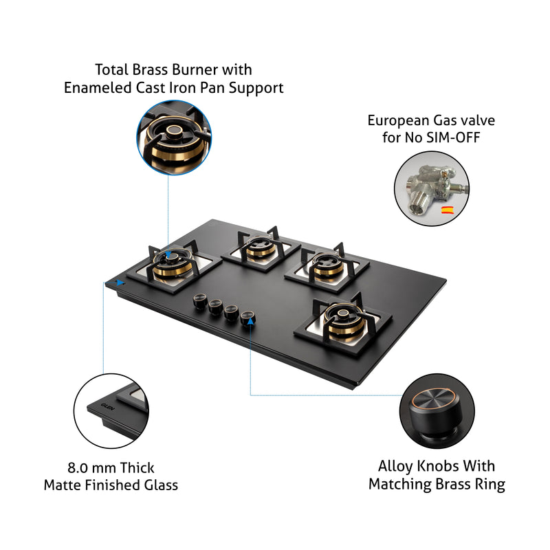 4 Burner Glass Gas Hob Top with Triple Ring, Total Double Ring Brass Burner (1094XLCIHTT2TRMG)