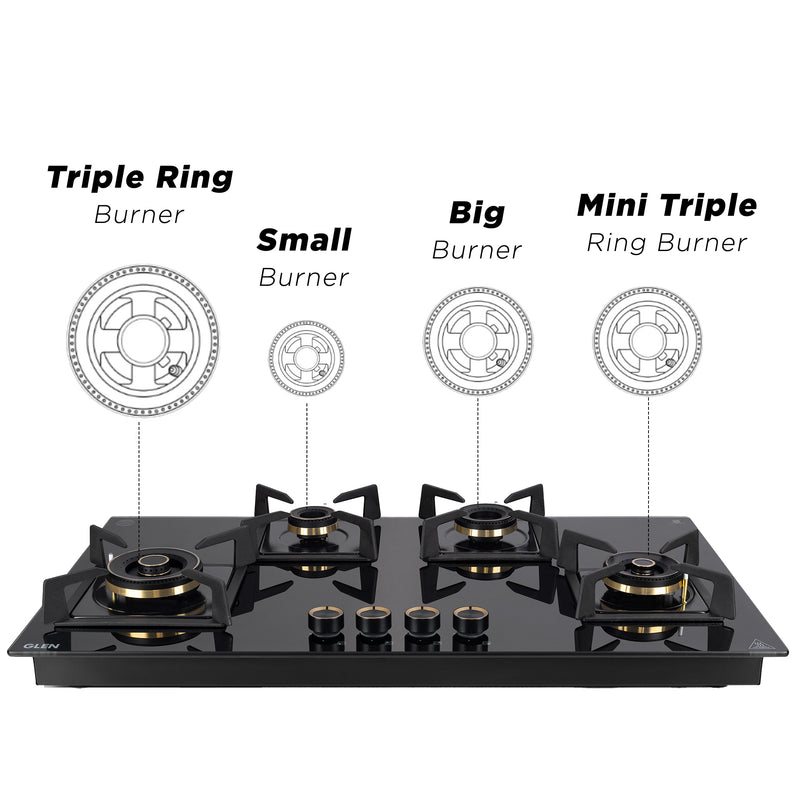 4 Burner DFVS Glass Hob with 2 Triple Ring Total Brass Burners Auto Ignition (BH1094XLDFTHT2TR)