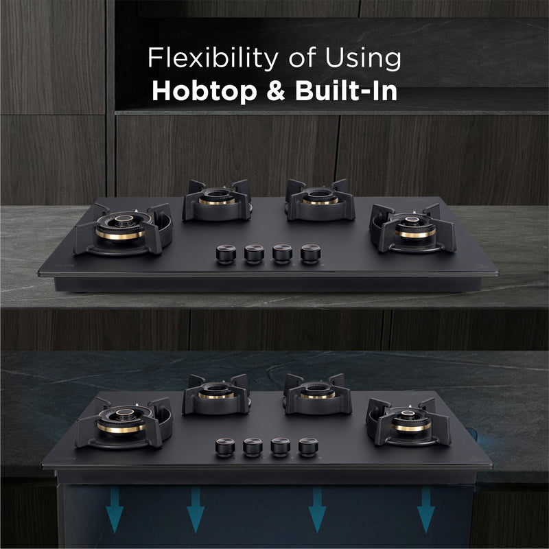 4 Burner DFVS Matte Glass Hob Top 2 Triple Ring Full Brass Burners Auto Ignition (BH-1094RCIHTDFT2TRMG)