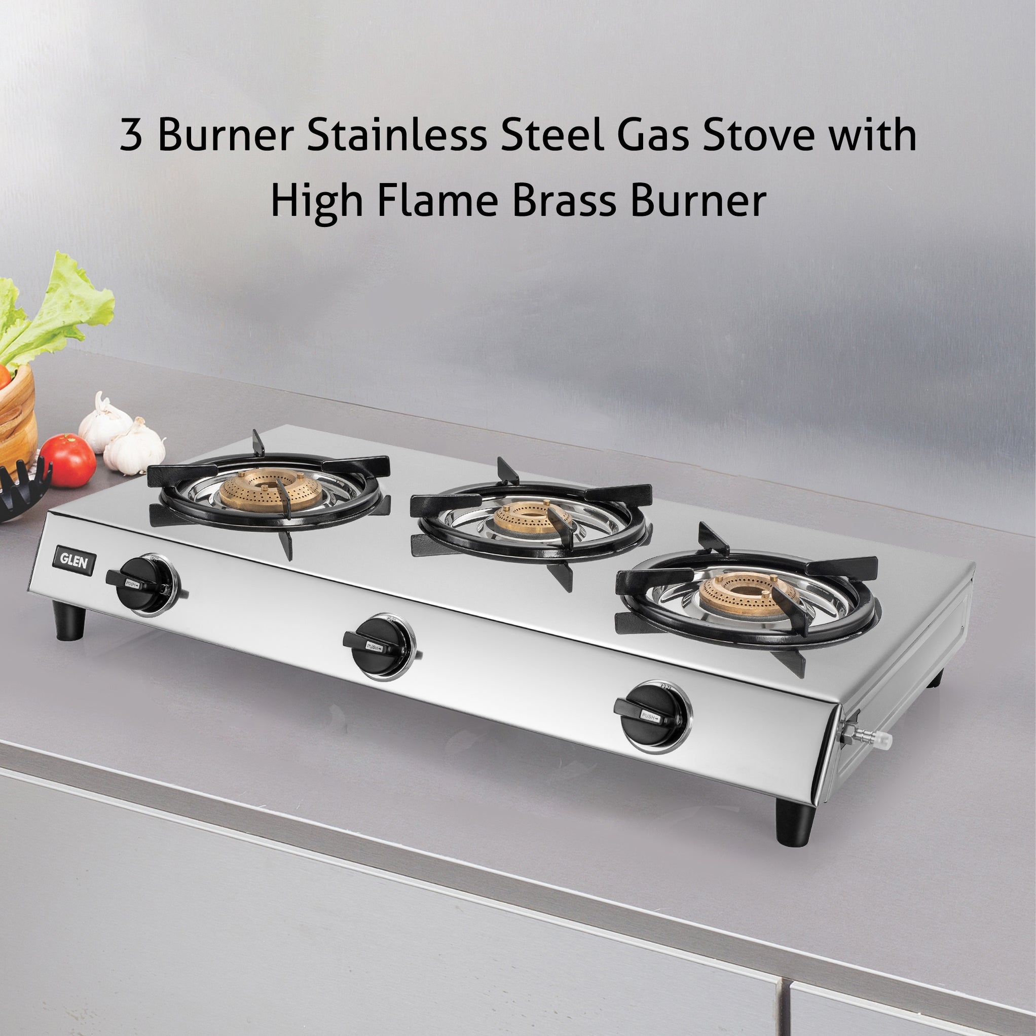 Buy Gas Stove 3 Burner Stainless Steel Brass Burner Online Glen — Glen Appliances Pvt. Ltd