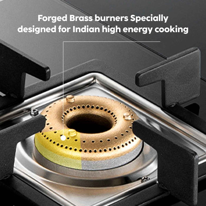4 Burner Ultra Slim Glass Gas Stove 1 High Flame 3 Forged Brass Burner - Manual / Auto Ignition (1048 SL SQ  BL FB)
