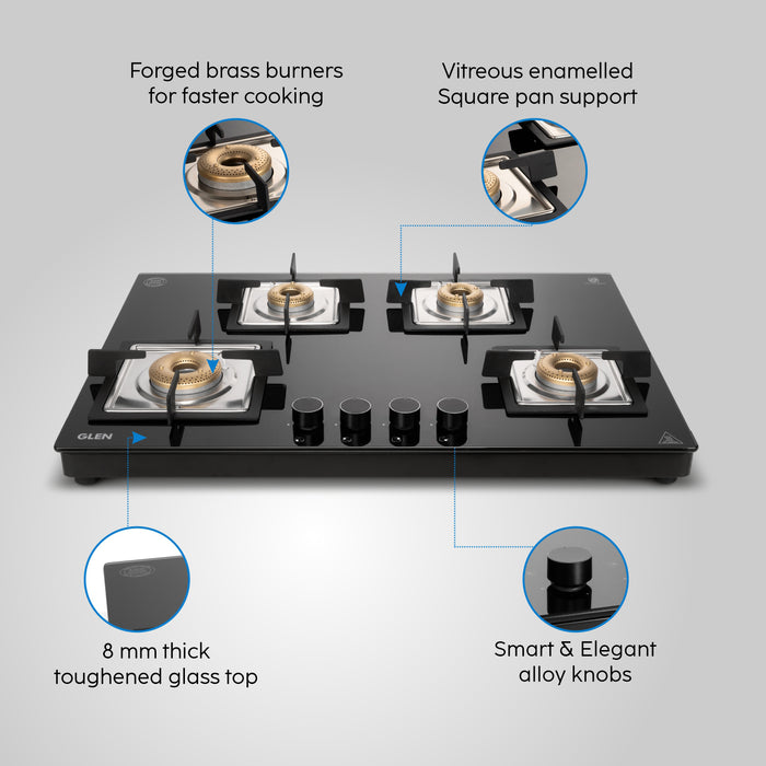 4 Burner Ultra Slim Free Standing Glass Hob Forged Brass Burner (BH1074USBL75)