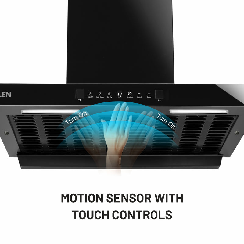 Auto clean filterless chimney with motion sensor and touch controls