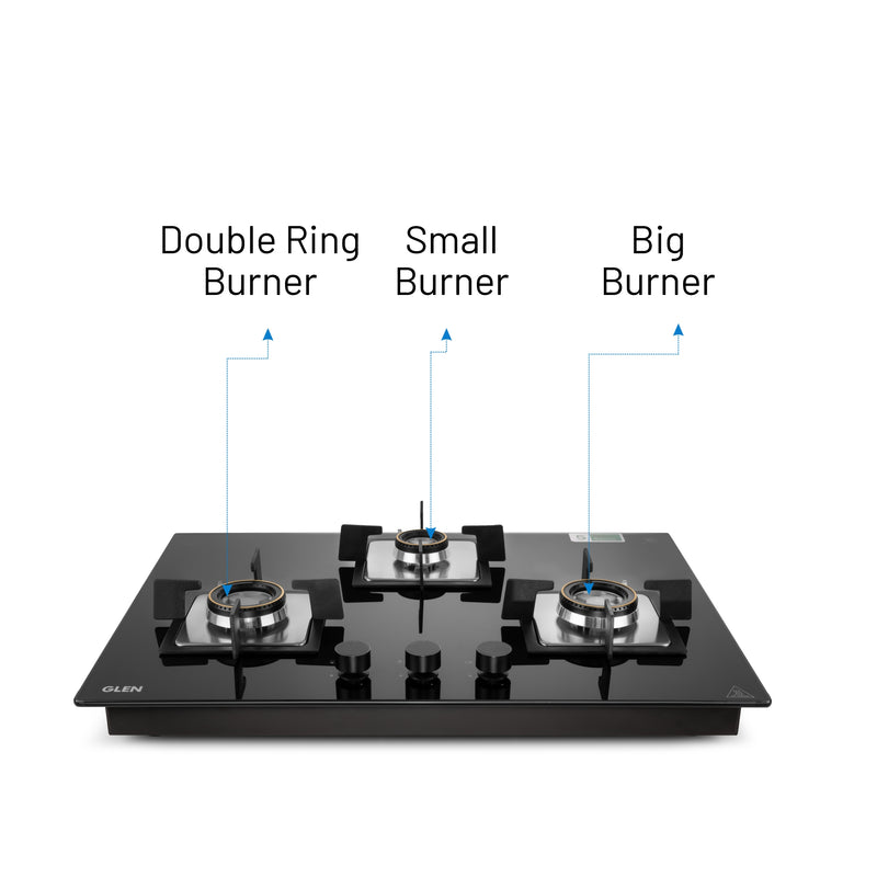 3 Burner Glass Hob Top with Double Ring Forged Brass Burners Auto Ignition (BH 1073 SQ HT DB 70)
