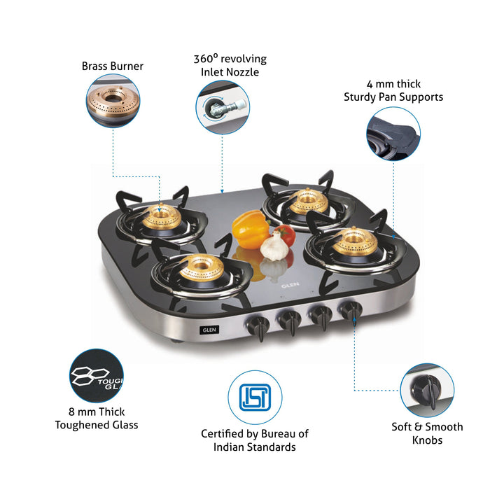 4 Burner Gas Stove Brass Burner (CT1046GTAI) + Auto Clean Chimney with BLDC Motor 60cm 1600 m3h (CH6052BLDCAC60)