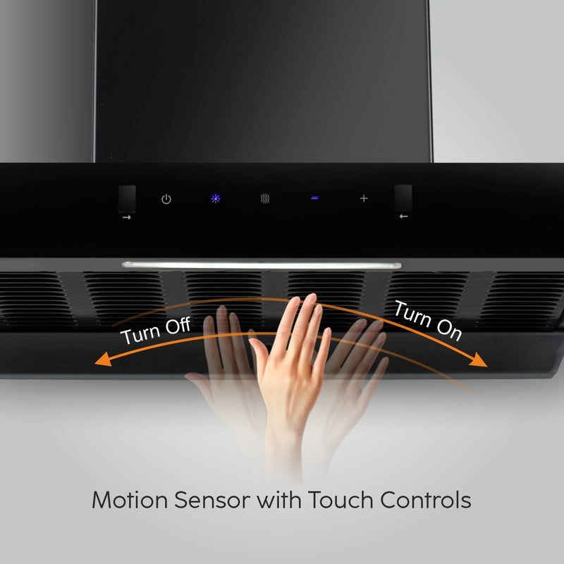 Auto Clean Slim Filter less Kitchen Chimney with Motion Sensor 60/90cm, 1200 m3/h (6052 SLIM BL AC)