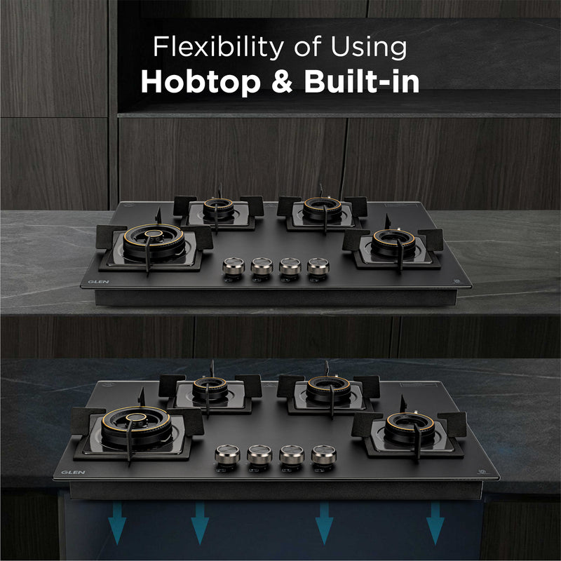 4 Burner Matt Glass Hob Top Triple Ring Burner Double Ring Forged Brass Burner Auto Ignition (BH1074SQHTTRMG)