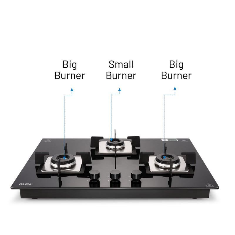 3 Burner Glass Hob Top with with Italian Double Ring Burners Auto Ignition (BH 1073 SQ HT IN 70)