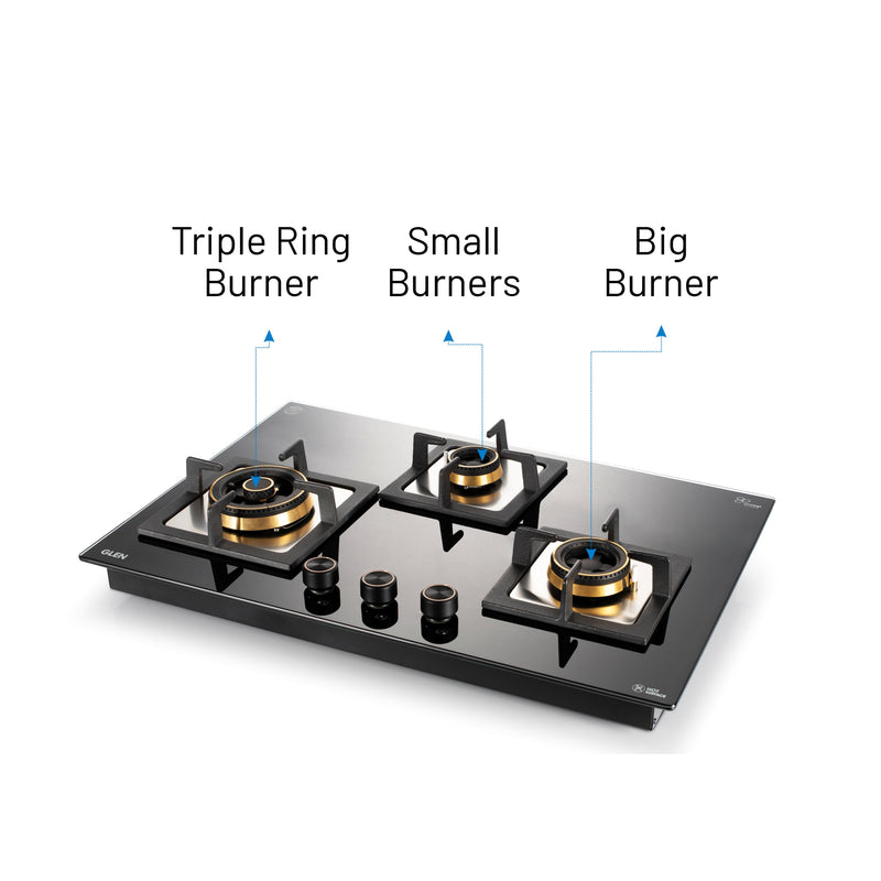 3 Burner Extra Large Glass Gas Hob Top with Triple Ring, Total Double Ring Brass Burner (1073XLCIHTTDBBL)