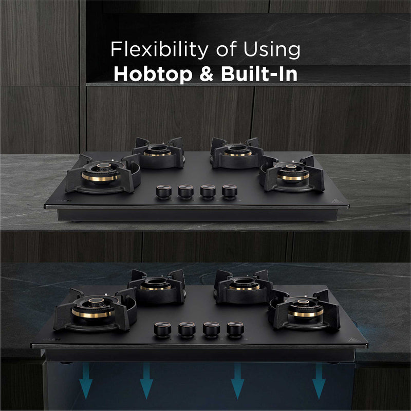 4 Burner DFVS Matte Glass Hob Top 2 Triple Ring Full Brass Burners Auto Ignition (BH-1074RCIHTDFT2TRMG)