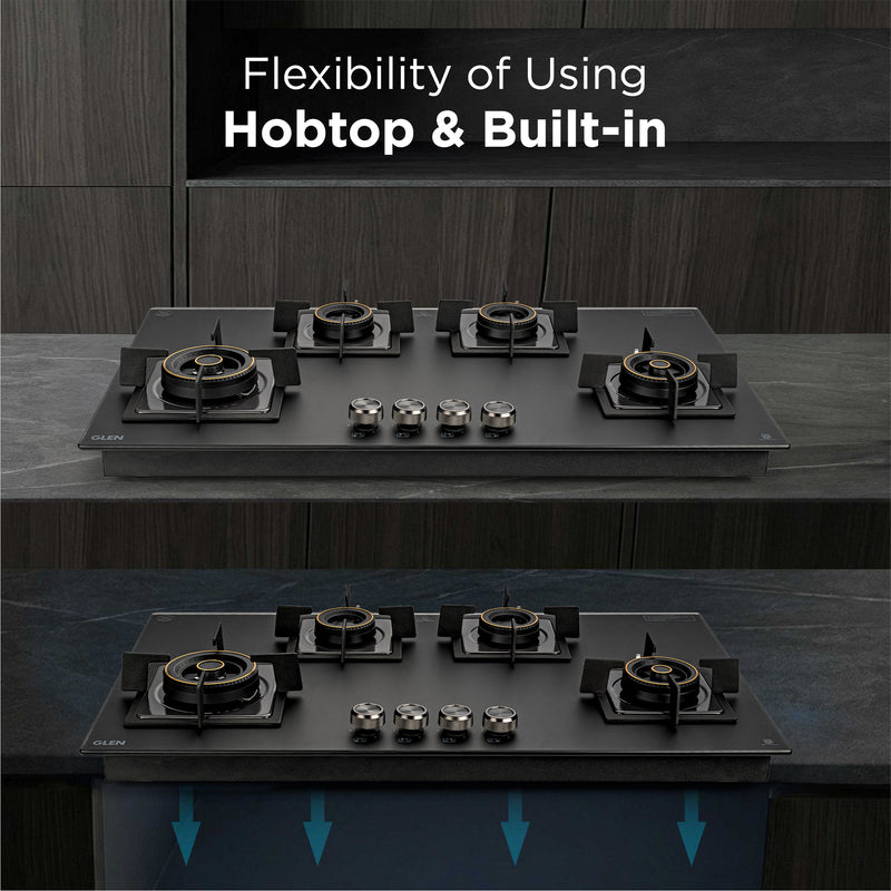 4 Burner Matt Glass Hob Top 2 Triple Ring Burner Double Ring Forged Brass Burner Auto Ignition (BH1094SQHT2TRMG)