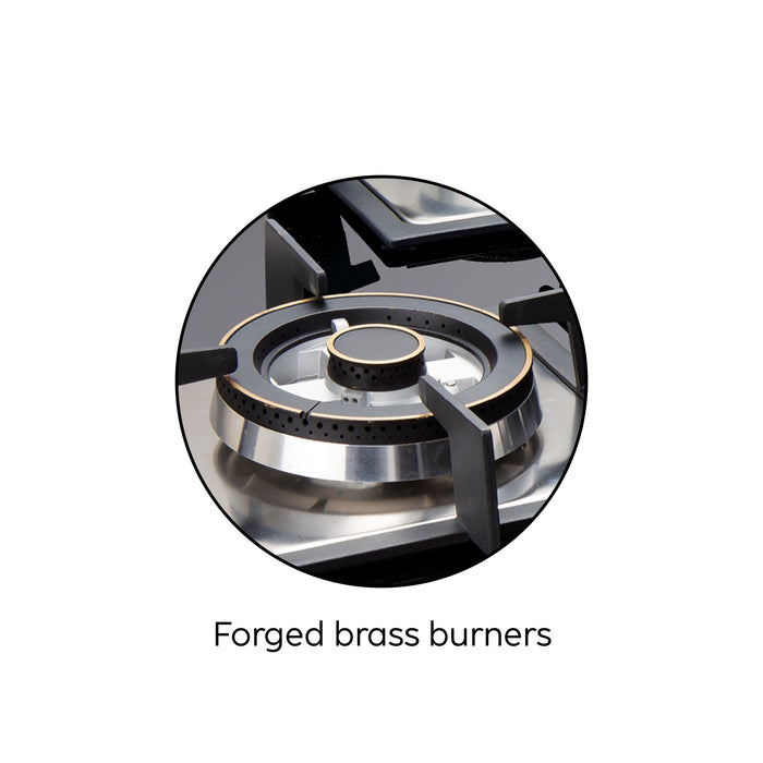 3 Burner Glass Hob Top Triple Ring Burner Double Ring Forged Brass Burners Auto Ignition (1073 SQHTDBTR)