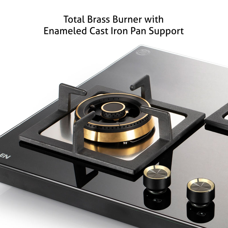 3 Burner Extra Large Glass Gas Hob Top with Triple Ring, Total Double Ring Brass Burner with Flame Failure Device Auto Ignition (1073XLCIHTTDBS)