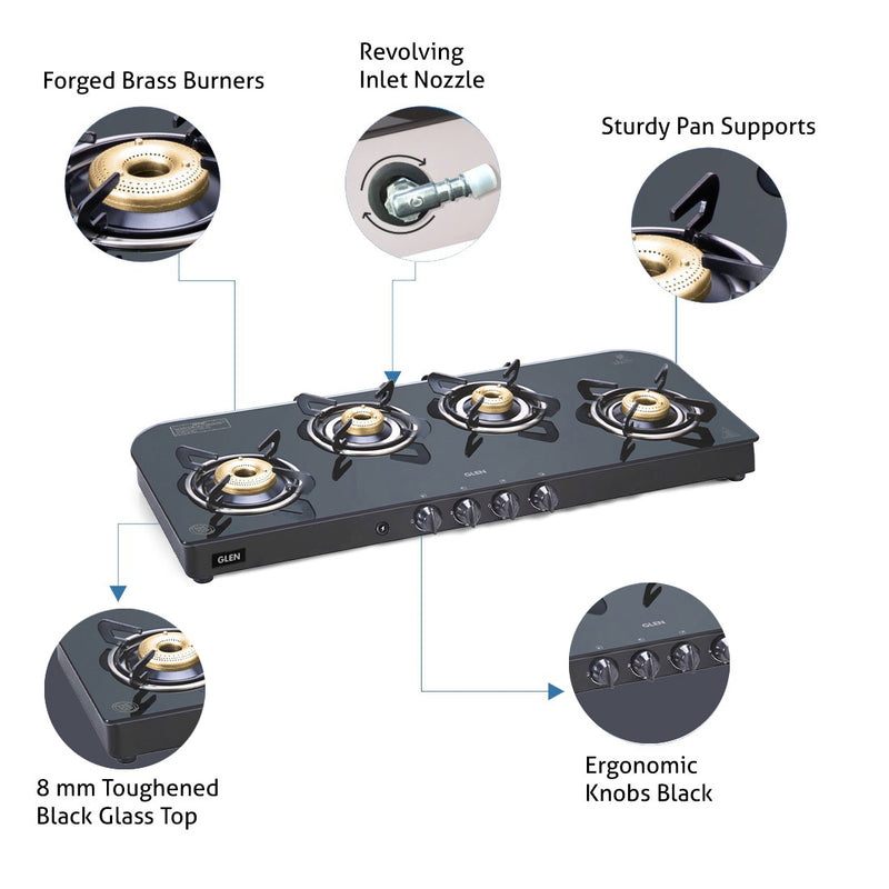 4 Burner Glass Gas Stove Extra Wide 1 High Flame 3 Forged Brass Burner Auto Ignition (CT1049GTFBAI)