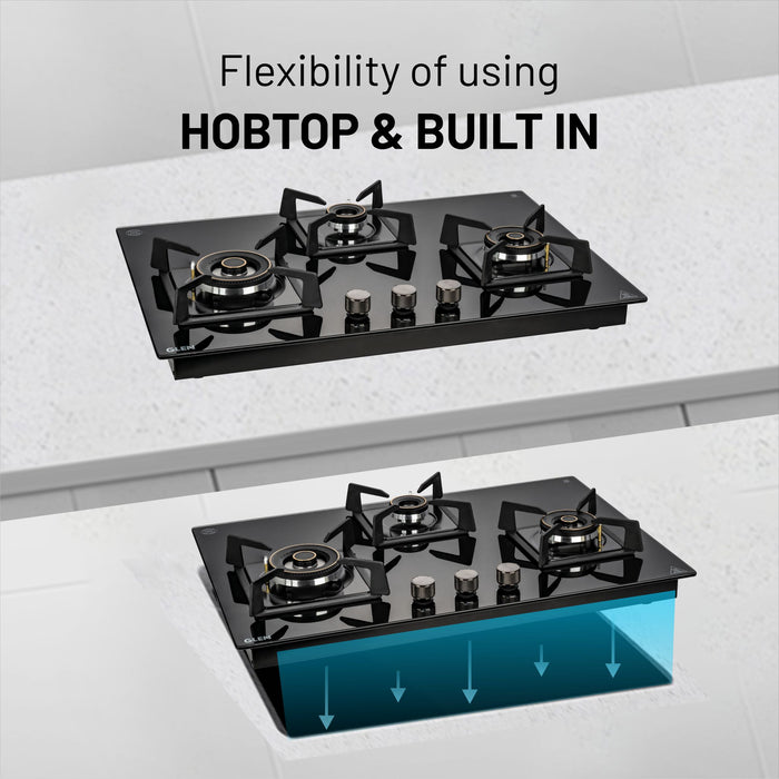3 Burner DFVS Glass Hob with 2 Triple Ring Forged Brass Burners Auto Ignition (BH1073DFHT2TR77)