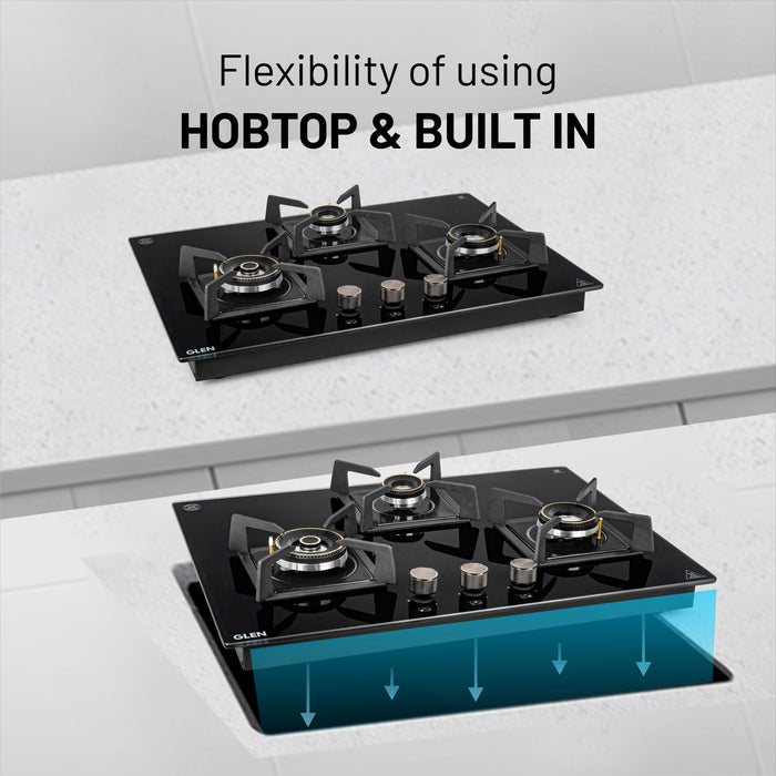 3 Burner DFVS Glass Hob with Mini Triple Ring Forged Brass Burner Auto Ignition (BH1073DFHTMTR70)